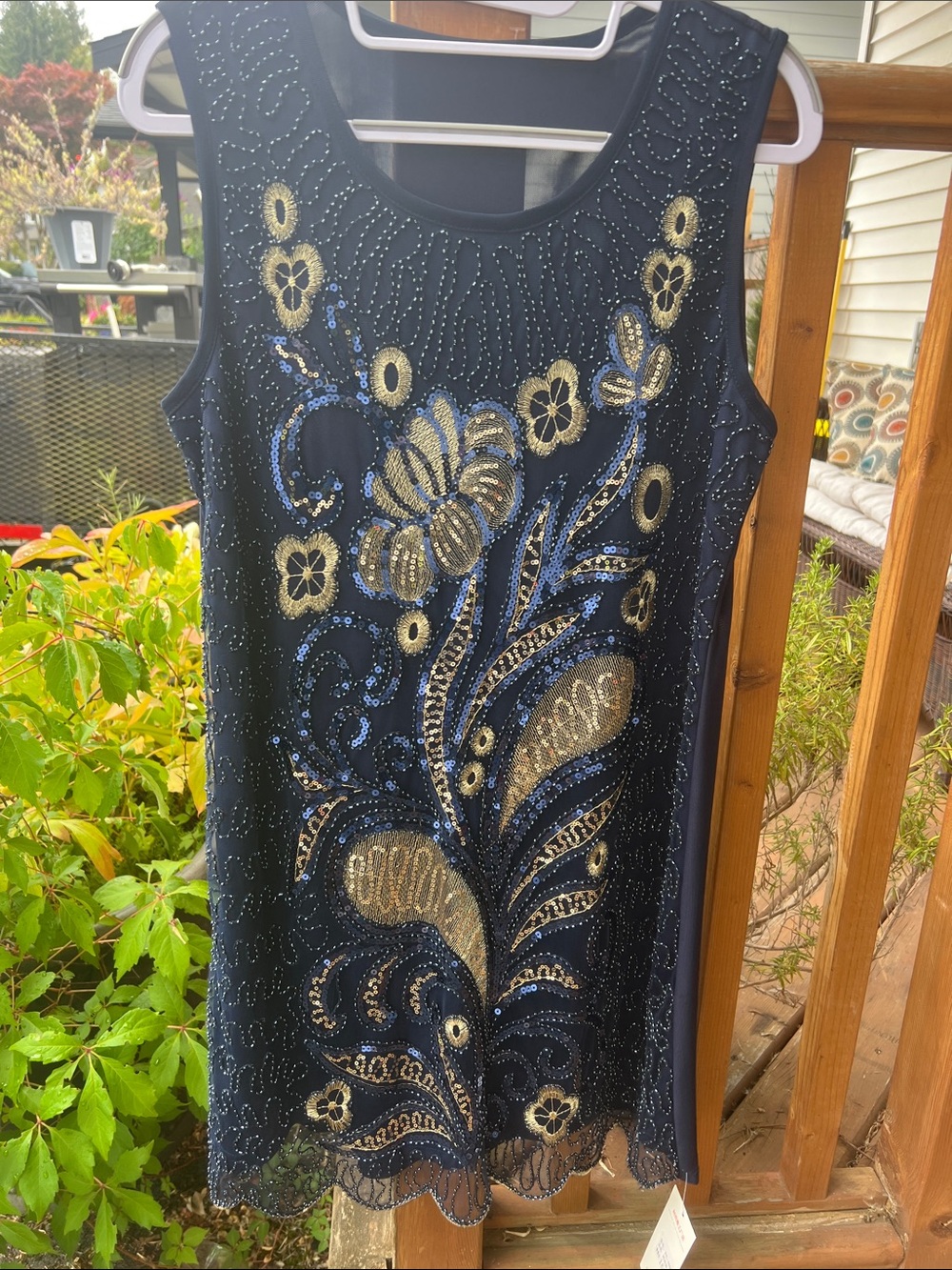 Beaded Navy and Gold Sleeveless Evening Dress NWT